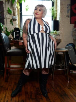 SOURPUSS STRIPES BLK/WHT PEEKABOO HALTER DRESS
