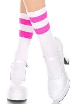 None Neon Dreams ATHLETIC STRIPE CREW SOCKS WHITE/NEON PINK