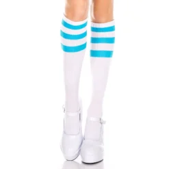 None ATHLETIC STRIPE KNEE HIGH SOCKS WHITE/NEON BLUE Neon Dreams