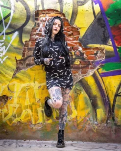 Shop Sour+Plus SOURPUSS LUNA BATS CROPPED HOODIE BLACK/WHITE