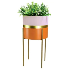 None MODERNIST PLANTER PINK/ORANGE STRIPED WITH GOLD PEDESTAL