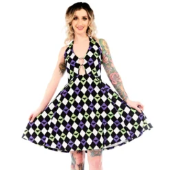 SOURPUSS BAT ARGYLE PEEKABOO HALTER DRESS 12 SOURPUSS BAT ARGYLE PEEKABOO HALTER DRESS