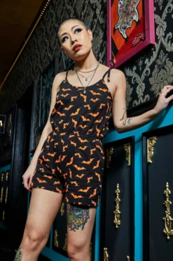 SOURPUSS ORANGE LUNA BATS ROMPER