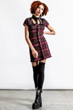 Apparel KILLSTAR ALL ATTITUDE CUT-OUT DRESS BLOOD TARTAN