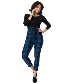 UNIQUE VINTAGE BLUE/BLACK PLAID ANGELINA PANTS