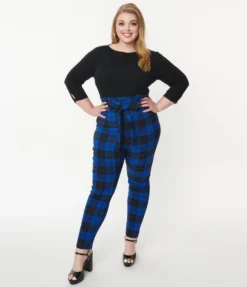 UNIQUE VINTAGE BLUE/BLACK PLAID ANGELINA PANTS