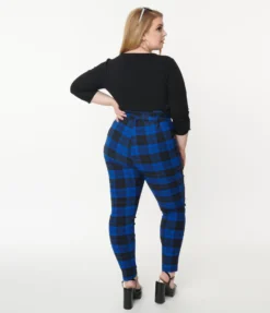 UNIQUE VINTAGE BLUE/BLACK PLAID ANGELINA PANTS