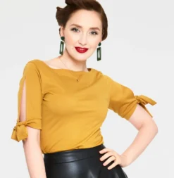 Shop Sour+Plus VOODOO VIXEN BENNY BOAT NECK TIE SLEEVE TOP MUSTARD
