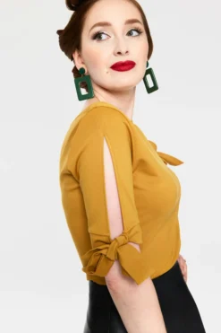 Shop Sour+Plus VOODOO VIXEN BENNY BOAT NECK TIE SLEEVE TOP MUSTARD