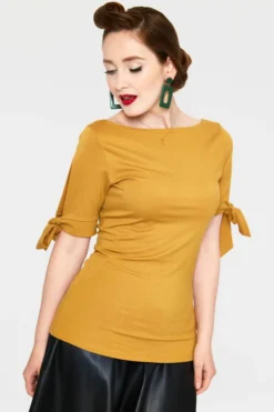 Shop Sour+Plus VOODOO VIXEN BENNY BOAT NECK TIE SLEEVE TOP MUSTARD