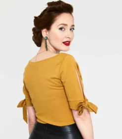 Shop Sour+Plus VOODOO VIXEN BENNY BOAT NECK TIE SLEEVE TOP MUSTARD