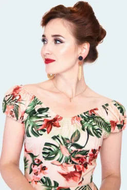 Apparel VOODOO VIXEN BETSY TROPICAL FLAMINGO OFF-SHOULDER SWING DRESS