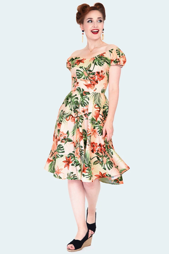 Apparel VOODOO VIXEN BETSY TROPICAL FLAMINGO OFF-SHOULDER SWING DRESS 5 Apparel VOODOO VIXEN BETSY TROPICAL FLAMINGO OFF-SHOULDER SWING DRESS