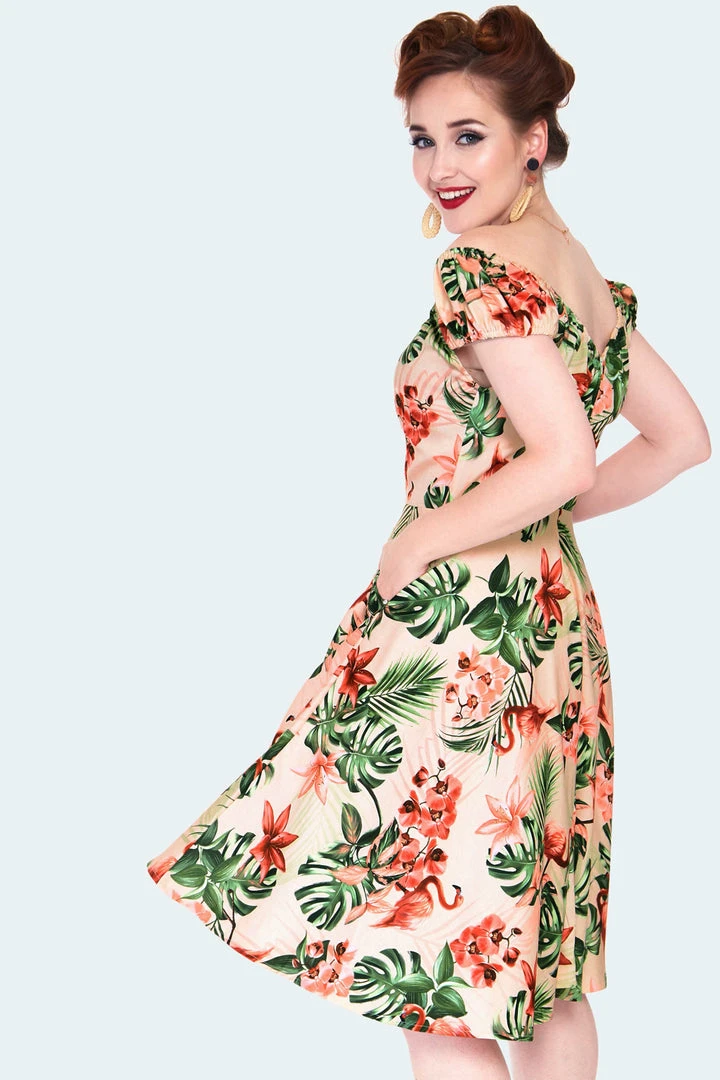 Apparel VOODOO VIXEN BETSY TROPICAL FLAMINGO OFF-SHOULDER SWING DRESS 7 Apparel VOODOO VIXEN BETSY TROPICAL FLAMINGO OFF-SHOULDER SWING DRESS