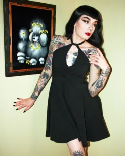 What's New SOURPUSS BLACK HALTER SKATER DRESS