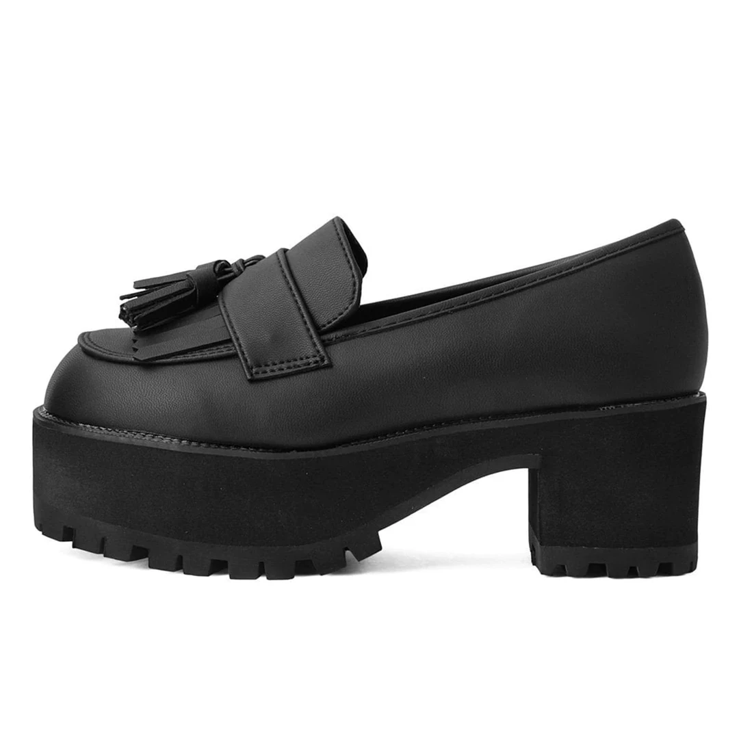 T.U.K. TUKSKIN FRINGE LOAFER PLATFORMS BLACK Footwear 7 T.U.K. TUKSKIN FRINGE LOAFER PLATFORMS BLACK Footwear