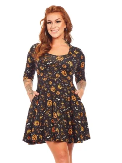 SOURPUSS CLASSIC HALLOWEEN 3/4 SLEEVE SKATER DRESS BLACK