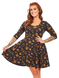 SOURPUSS CLASSIC HALLOWEEN 3/4 SLEEVE SKATER DRESS BLACK