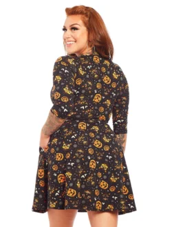 SOURPUSS CLASSIC HALLOWEEN 3/4 SLEEVE SKATER DRESS BLACK