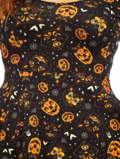 SOURPUSS CLASSIC HALLOWEEN 3/4 SLEEVE SKATER DRESS BLACK