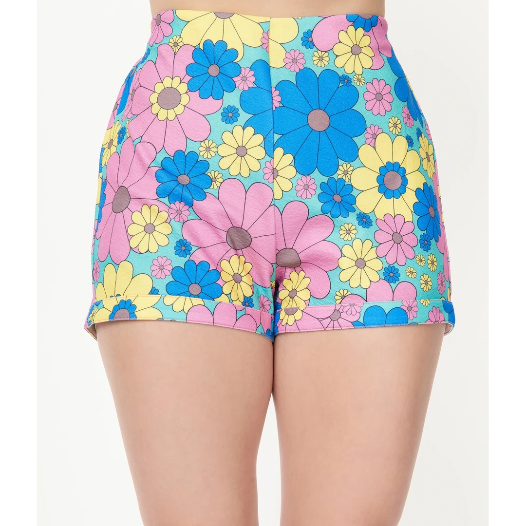 SMAK PARLOUR BLUE & YELLOW FLORAL PRINT CALLIE SHORTS 3 SMAK PARLOUR BLUE & YELLOW FLORAL PRINT CALLIE SHORTS
