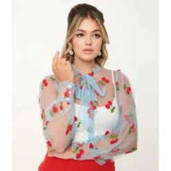 Shop Sour+Plus UNIQUE VINTAGE CHERRY EMBROIDERED SHEER GWEN BLOUSE BLUE