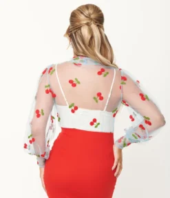 Shop Sour+Plus UNIQUE VINTAGE CHERRY EMBROIDERED SHEER GWEN BLOUSE BLUE