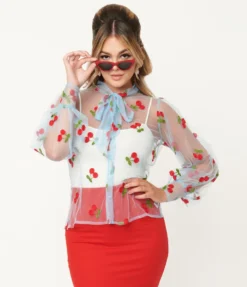 Shop Sour+Plus UNIQUE VINTAGE CHERRY EMBROIDERED SHEER GWEN BLOUSE BLUE