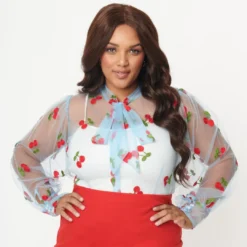 Shop Sour+Plus UNIQUE VINTAGE CHERRY EMBROIDERED SHEER GWEN BLOUSE BLUE