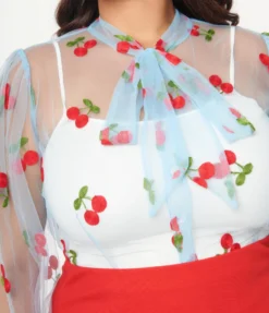 Shop Sour+Plus UNIQUE VINTAGE CHERRY EMBROIDERED SHEER GWEN BLOUSE BLUE