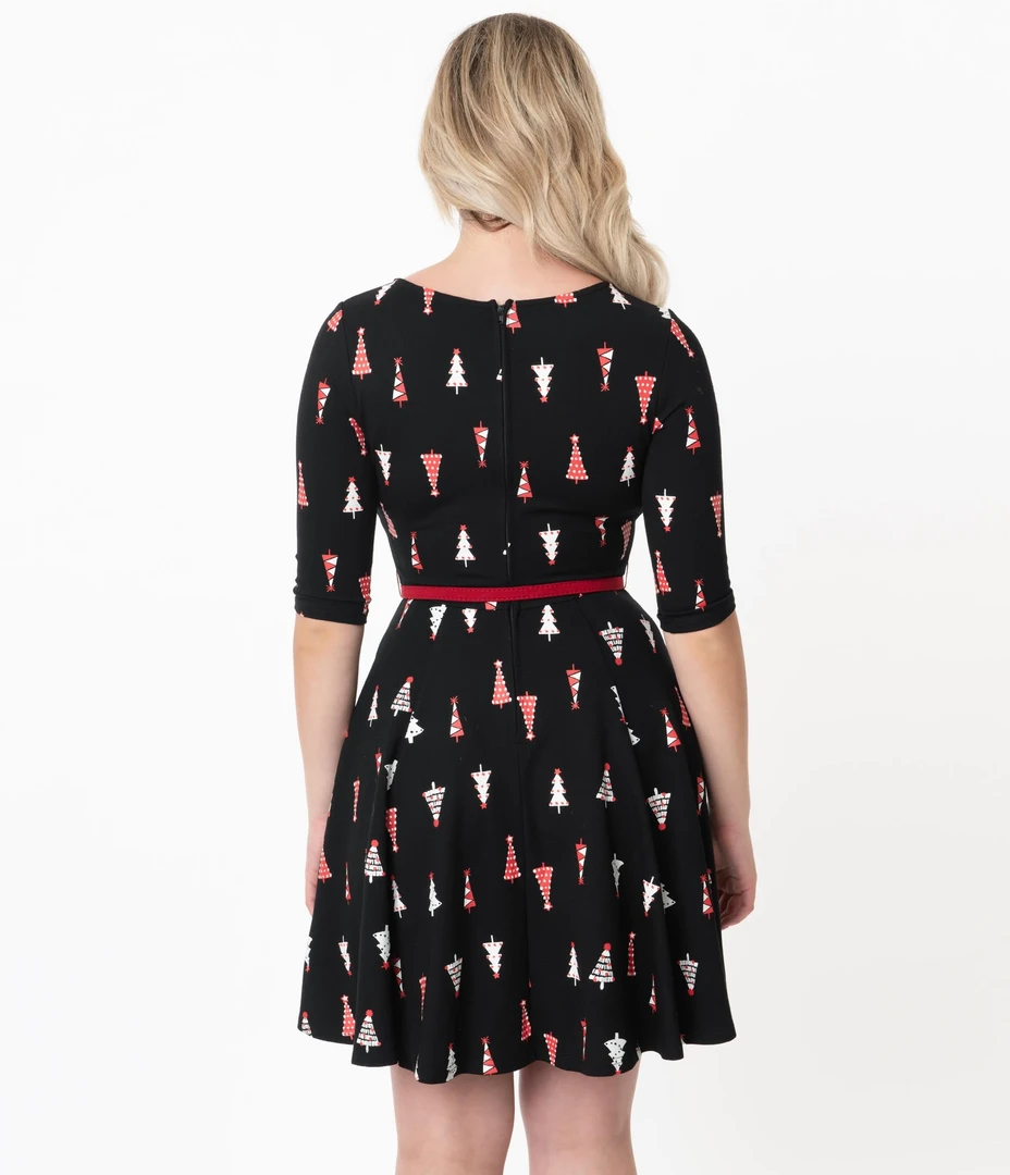UNIQUE VINTAGE RETRO CHRISTMAS TREE PRINT STEPHANIE FIT & FLARE DRESS 8 UNIQUE VINTAGE RETRO CHRISTMAS TREE PRINT STEPHANIE FIT & FLARE DRESS