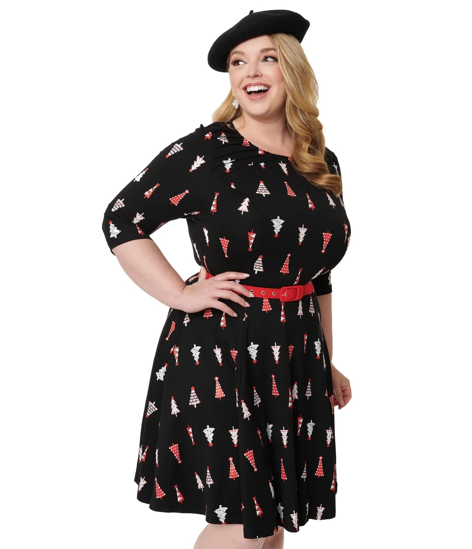 UNIQUE VINTAGE RETRO CHRISTMAS TREE PRINT STEPHANIE FIT & FLARE DRESS 3 UNIQUE VINTAGE RETRO CHRISTMAS TREE PRINT STEPHANIE FIT & FLARE DRESS