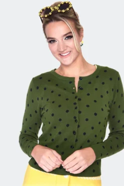 VOODOO VIXEN CLARA POLKA DOT CARDIGAN OLIVE