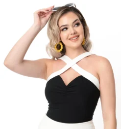 UNIQUE VINTAGE BLACK & WHITE CONTRAST PORTER TOP