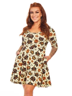 Shop Sour+Plus SOURPUSS CLASSIC HALLOWEEN 3/4 SLEEVE SKATER DRESS CREAM