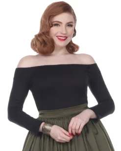 Bettie Page Clothing BETTIE PAGE DEBBY LONG SLEEVE TOP BLACK Shop Sour+Plus