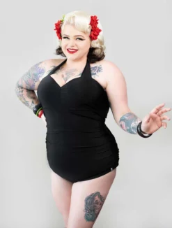 Ghouls Just Wanna Have Sun SOURPUSS SOLID BLACK RUCHED ONE PIECE SWIMSUIT