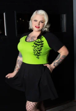 SOURPUSS NOKTURNAL BATS RAGLAN SKATER DRESS GREEN Neon Dreams