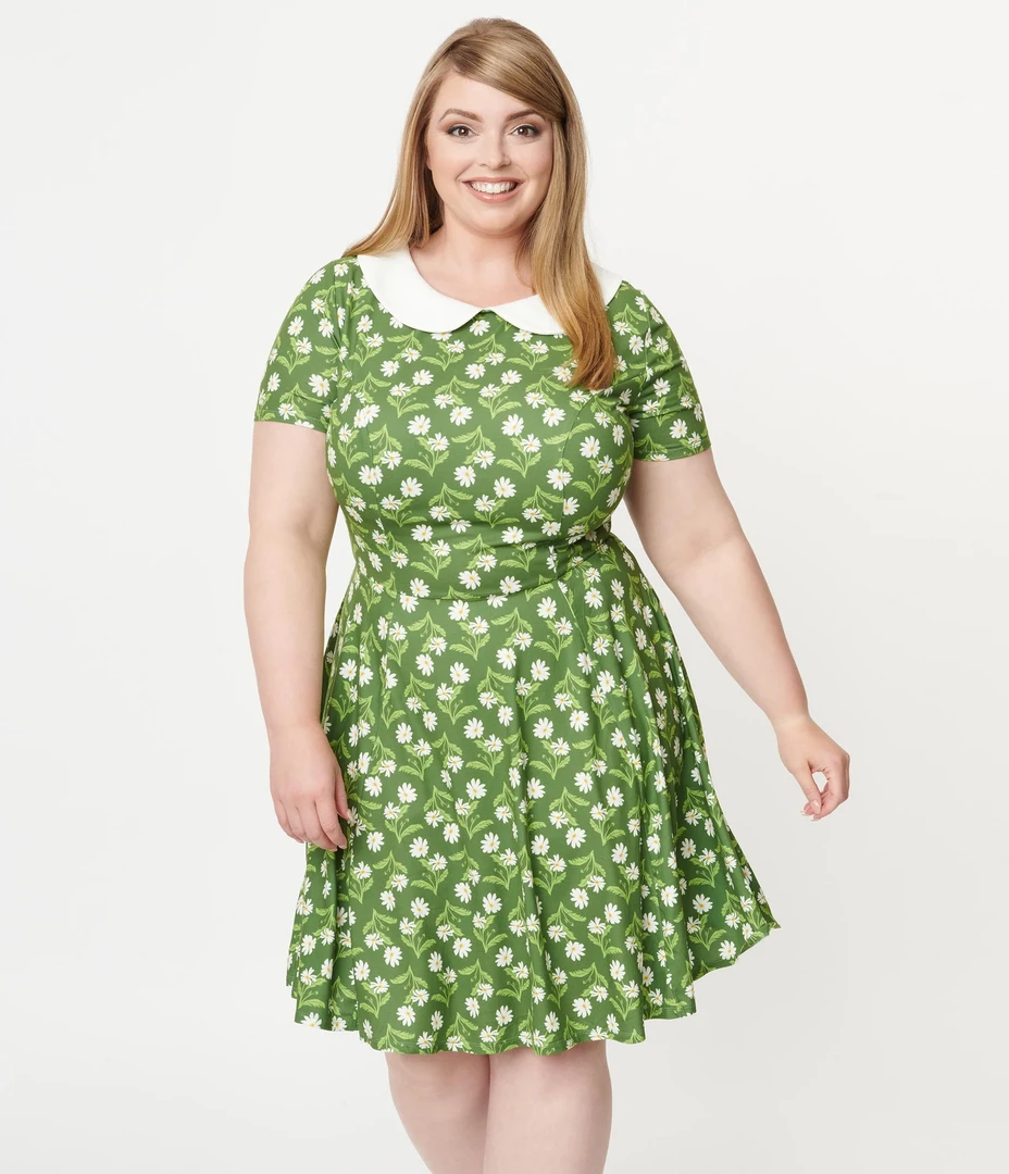 UNIQUE VINTAGE GREEN & WHITE DAISY MARGOT FIT & FLARE DRESS 7 UNIQUE VINTAGE GREEN & WHITE DAISY MARGOT FIT & FLARE DRESS