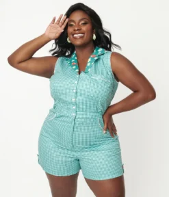 UNIQUE VINTAGE GREEN GINGHAM SHELBY ROMPER Shop Sour+Plus