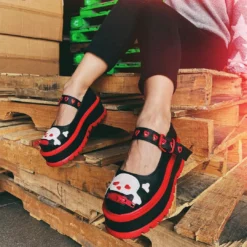 DEMONIA HEARTS N' SKULLS PLATFORM MARY JANES BLK/RED