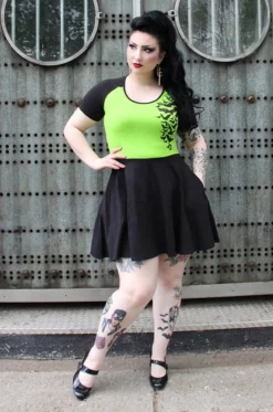 SOURPUSS NOKTURNAL BATS RAGLAN SKATER DRESS GREEN Neon Dreams