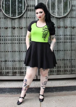 SOURPUSS NOKTURNAL BATS RAGLAN SKATER DRESS GREEN Neon Dreams