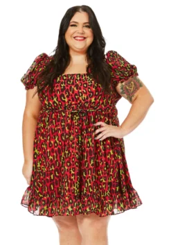 SOURPUSS LEOPARD CREAM PUFF DRESS HOT PINK