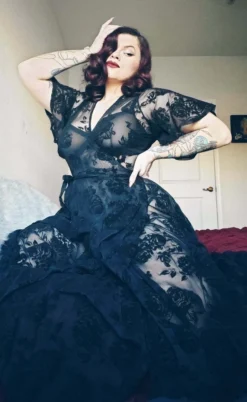 WAX POETIC FLOCKED ROSE MESH LYDIA WRAP MAXI DRESS