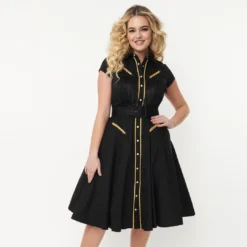 UNIQUE VINTAGE MADELINE DRESS BLK W/ GOLD TRIM What's New