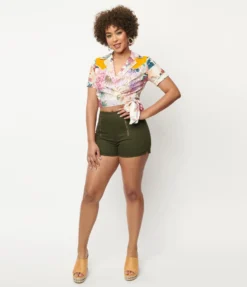 What's New UNIQUE VINTAGE OLIVE DENIM SUMMER LOVE SHORTS