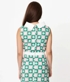SMAK PARLOUR GREEN & PINK CHECKERBOARD DAISY PRINT MOD TOP Shop Sour+Plus