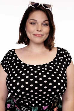 Back In Stock RETROLICIOUS POLKA DOT BOAT NECK TOP BLK/WHT