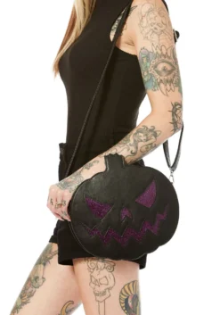 Shop Sourpuss SOURPUSS SPARKLE PUMPKIN PURSE BLACK/PURPLE